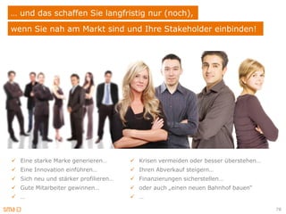 … und das schaffen Sie langfristig nur (noch),
wenn Sie nah am Markt sind und Ihre Stakeholder einbinden!




 Eine starke Marke generieren…        Krisen vermeiden oder besser überstehen…
 Eine Innovation einführen…           Ihren Abverkauf steigern…
 Sich neu und stärker profilieren…    Finanzierungen sicherstellen…
 Gute Mitarbeiter gewinnen…           oder auch „einen neuen Bahnhof bauen“
 …                                    …

                                                                                   78
 