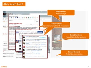 Aber auch hier!

                                  Paid Content:
                                  Werbeanzeige




                          Social Content:
                  Kommentare: Kritiker & Fürsprecher




                                                    Owned Content:
                                               Pressebild & Stellungnahme




                                                  Earned Content:
                                               Artikel des Journalisten




                                                                            91
 