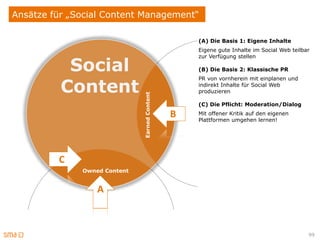 Ansätze für „Social Content Management“

                                                   (A) Die Basis 1: Eigene Inhalte
                                                   Eigene gute Inhalte im Social Web teilbar
                                                   zur Verfügung stellen

           Social                                  (B) Die Basis 2: Klassische PR


          Content
                                                   PR von vornherein mit einplanen und
                                                   indirekt Inhalte für Social Web
                                                   produzieren




                              Earned Content
                                                   (C) Die Pflicht: Moderation/Dialog

                                               B   Mit offener Kritik auf den eigenen
                                                   Plattformen umgehen lernen!




         C
              Owned Content


                  A



                                                                                           99
 