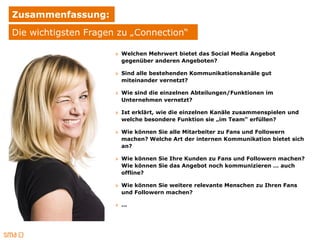 Zusammenfassung:
Die wichtigsten Fragen zu „Connection“

                      » Welchen Mehrwert bietet das Social Media Angebot
                        gegenüber anderen Angeboten?

                      » Sind alle bestehenden Kommunikationskanäle gut
                        miteinander vernetzt?

                      » Wie sind die einzelnen Abteilungen/Funktionen im
                        Unternehmen vernetzt?

                      » Ist erklärt, wie die einzelnen Kanäle zusammenspielen und
                        welche besondere Funktion sie „im Team“ erfüllen?

                      » Wie können Sie alle Mitarbeiter zu Fans und Followern
                        machen? Welche Art der internen Kommunikation bietet sich
                        an?

                      » Wie können Sie Ihre Kunden zu Fans und Followern machen?
                        Wie können Sie das Angebot noch kommunizieren … auch
                        offline?

                      » Wie können Sie weitere relevante Menschen zu Ihren Fans
                        und Followern machen?

                      » …
 