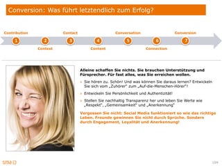 Conversion: Was führt letztendlich zum Erfolg?


Contribution             Contact                      Conversation                      Conversion

     1            2         3               4               5               6               7
               Context                  Content                       Connection




                                   Alleine schaffen Sie nichts. Sie brauchen Unterstützung und
                                   Fürsprecher. Für fast alles, was Sie erreichen wollen.
                                   » Sie hören zu. Schön! Und was können Sie daraus lernen? Entwickeln
                                     Sie sich vom „Zuhörer“ zum „Auf-die-Menschen-Hörer“!
                                   » Entwickeln Sie Persönlichkeit und Authentizität!
                                   » Stellen Sie nachhaltig Transparenz her und leben Sie Werte wie
                                     „Respekt“, „Gemeinsamkeit“ und „Anerkennung“

                                   Vergessen Sie nicht: Social Media funktioniert so wie das richtige
                                   Leben. Freunde gewinnen Sie nicht durch Sprüche. Sondern
                                   durch Engagement, Loyalität und Anerkennung!




                                                                                                      104
 