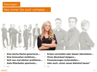 Deswegen:
Was immer Sie auch vorhaben …




 Eine starke Marke generieren…     Krisen vermeiden oder besser überstehen…
 Eine Innovation einführen…        Ihren Abverkauf steigern…
 Sich neu und stärker profilieren…  Finanzierungen sicherstellen…
 Gute Mitarbeiter gewinnen…        oder auch „einen neuen Bahnhof bauen“
 …                                 …

                                                                                21
 
