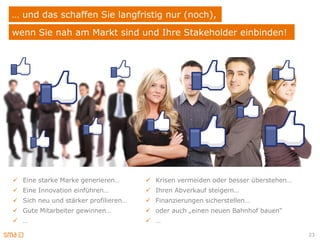 … und das schaffen Sie langfristig nur (noch),
wenn Sie nah am Markt sind und Ihre Stakeholder einbinden!




 Eine starke Marke generieren…        Krisen vermeiden oder besser überstehen…
 Eine Innovation einführen…           Ihren Abverkauf steigern…
 Sich neu und stärker profilieren…    Finanzierungen sicherstellen…
 Gute Mitarbeiter gewinnen…           oder auch „einen neuen Bahnhof bauen“
 …                                    …

                                                                                   23
 
