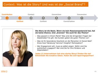 Context: Was ist die Story? Und was ist der „Social Brand“?


Contribution             Contact                      Connection                   Conversion

     1            2        3               4               5             6              7
               Context                  Content                    Conversation




                                   Die Story ist die Basis. Wenn sie kein Resonanzpotenzial hat, hat
                                   sie keine Chance. Und „brennen“ Sie auch für das Thema?
                                   » Was passiert in Ihrem Markt? Was sind die dringenden Fragen der
                                     Stakeholder? Es gilt: Die Kunden geben die guten Themen vor!
                                   » Was ist Ihr besonderes Geschenk an die Menschen im Social Web?
                                     Know-how? Beratung? Service? Insights? Partizipation?
                                   » Wer Engagement will, muss es selbst zeigen: Wofür sind Sie
                                     authentisch engagiert? Wer sind Sie für Ihre Förderer und
                                     Stipendiaten?

                                   Jedes (!) Unternehmen hat eine starke Story! Finden Sie sie!
                                   Entwickeln Sie kreative Ideen. Holen Sie sich Sparringspartner!




                                                                                                       44
 