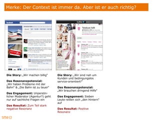 Merke: Der Context ist immer da. Aber ist er auch richtig?




Die Story: „Wir machen billig“     Die Story: „Wir sind nah um
                                   Kunden und bedingungslos
Das Resonanzpotenzial:             service-orientiert!“
„Wir haben Probleme mit der
Bahn“ & „Die Bahn ist zu teuer“    Das Resonanzpotenzial:
                                   „Wir brauchen dringend Hilfe“
Das Engagement: Unpersön-
licher Moderator (Agentur?) geht   Das Engagement: Sieben
nur auf sachliche Fragen ein       Leute reißen sich „den Hintern“
                                   auf
Das Resultat: Zum Teil stark
negative Resonanz                  Das Resultat: Positive
                                   Resonanz
 