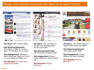 Merke: Der Context ist immer da. Aber ist er auch richtig?




Die Story: „Wir machen billig“     Die Story: „Wir sind nah um       Die Story: „Wir lieben Saft und
                                   Kunden und bedingungslos          wollen diese Liebe vermitteln“
Das Resonanzpotenzial:             service-orientiert!“
„Wir haben Probleme mit der                                          Das Resonanzpotenzial:
Bahn“ & „Die Bahn ist zu teuer“    Das Resonanzpotenzial:            „Wir wollen guten Saft“
                                   „Wir brauchen dringend Hilfe“
Das Engagement: Unpersön-                                            Das Engagement: Kirstin
licher Moderator (Agentur?) geht   Das Engagement: Sieben            Walther ist total umtriebig
nur auf sachliche Fragen ein       Leute reißen sich „den Hintern“
                                   auf                               Das Resultat: Positive
Das Resultat: Zum Teil stark                                         Resonanz
negative Resonanz                  Das Resultat: Positive
                                   Resonanz
 