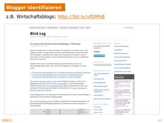 Blogger identifizieren
z.B. Wirtschaftsblogs: http://bit.ly/vfDMhB




                                              63
 