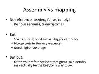 Assembly vs mapping
• No reference needed, for assembly!
  – De novo genomes, transcriptomes…

• But:
  – Scales poorly; need a much bigger computer.
  – Biology gets in the way (repeats!)
  – Need higher coverage

• But but:
  – Often your reference isn’t that great, so assembly
    may actually be the best/only way to go.
 
