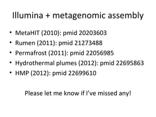 Illumina + metagenomic assembly
•   MetaHIT (2010): pmid 20203603
•   Rumen (2011): pmid 21273488
•   Permafrost (2011): pmid 22056985
•   Hydrothermal plumes (2012): pmid 22695863
•   HMP (2012): pmid 22699610

       Please let me know if I’ve missed any!
 