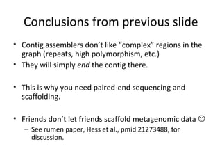 Conclusions from previous slide
• Contig assemblers don’t like “complex” regions in the
  graph (repeats, high polymorphism, etc.)
• They will simply end the contig there.

• This is why you need paired-end sequencing and
  scaffolding.

• Friends don’t let friends scaffold metagenomic data 
   – See rumen paper, Hess et al., pmid 21273488, for
     discussion.
 