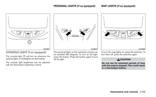 PERSONAL LIGHTS (if so equipped)                   MAP LIGHTS (if so equipped)




                                     LIC0587                                            LIC0623                                             LIC0586
CONSOLE LIGHT (if so equipped)                  The personal lights on the overhead console can    To turn the map lights on, press the switches. To
                                                be swiveled 360 degrees. To turn on the light,     turn them off, press the switches again.
The console light ᭺ will turn on whenever the
                    1
                                                press the button. Press the button again to turn
parking lights or headlights are illuminated.   off the light.                                                         CAUTION
The console light brightness can be adjusted                                                       Do not use for extended periods of time
with the illumination brightness control.                                                          with the engine stopped. This could result
                                                                                                   in a discharged battery.




                                                                                                             Instruments and controls 2-55
 