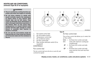 HEATER AND AIR CONDITIONER
(manual) (Type B) (if so equipped)

                 WARNING
● The air conditioner cooling function op-
  erates only when the engine is running.
● Do not leave children or adults who
  would normally require the assistance
  of others alone in your vehicle. Pets
  should also not be left alone. They
  could accidentally injure themselves or
  others through inadvertent operation of
  the vehicle. Also, on hot, sunny days,
  temperatures in a closed vehicle could
  quickly become high enough to cause
  severe or possibly fatal injuries to
  people or animals.                                                                                                                      WHA0535
                                                                                              Type B
● Do not use the recirculation mode for
  long periods as it may cause the interior   1.   Fan speed control dial                          Air flow control dial
  air to become stale and the windows to      2.   Air recirculation button
                                                                                                   The air flow control dial allows you to select the
  fog up.                                     3.   Temperature control dial
                                                                                                   air flow outlets.
                                              4.   Air conditioner button
                                              5.   Air flow control dial                           MAX — Air flows from center and side
                                              6.   Rear window defroster switch (if so             A/C   vents with maximum cooling (air
                                                   equipped)                                             conditioning).
                                                                                                       — Air flows from center and side
                                              CONTROLS                                                   vents.
                                              Fan control dial                                         — Air flows from center and side
                                                                                                         vents and the front and rear floor
                                              The fan control dial turns the fan on and off, and
                                                                                                         outlets.
                                              controls fan speed.


                                                            Display screen, heater, air conditioner, audio and phone systems 4-21
 
