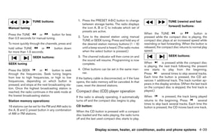 TUNE buttons:                      1. Press the PRESET A·B·C button to change                               TUNE (rewind and fast
                                                        between storage banks. The radio displays
                                                                                                                              forward) buttons:
Manual tuning                                           the icon A, B or C to indicate which set of
                                                        presets are active.
Press the TUNE         or       button for less                                                            When the TUNE               or         button is
than 0.5 seconds for manual tuning.                  2. Tune to the desired station using manual           pressed while the compact disc is playing, the
                                                        TUNE or SEEK tuning. Press and hold any of         compact disc plays at an increased speed while
To move quickly through the channels, press and         the desired station memory buttons (1 – 6)         rewinding or fast forwarding. When the button is
hold either TUNE        or         button down          until a beep sound is heard. (The radio mutes      released, the compact disc returns to normal play
for more than 1.5 seconds.                              when the select button is pressed.)                speed.

                   SEEK buttons:                     3. The channel indicator will then come on and                           SEEK buttons:
                                                        the sound will resume. Programming is now
SEEK tuning                                             complete.                                          When          is pressed while the compact disc
                                                                                                           is playing, the next track following the present
Press the SEEK          or        button to seek     4. Other buttons can be set in the same man-          one starts to play from the beginning.
through the frequencies. Seek tuning begins             ner.                                               Press         several times to skip several tracks.
from low to high frequencies, or high to low        If the battery cable is disconnected, or if the fuse   Each time the button is pressed, the CD ad-
frequencies, depending on which button is           opens, the radio memory will be canceled. In that      vances 1 additional track. The track number ap-
pressed, and stops at the next broadcasting sta-                                                           pears in the display window. (When the last track
                                                    case, reset the desired stations.
tion. Once the highest broadcasting station is                                                             on the compact disc is skipped, the first track is
reached, the radio continues in the seek mode at    Compact disc (CD) player operation                     played.)
the lowest broadcasting station.                    If the radio is already operating, it automatically    When          is pressed, the track being played
Station memory operations:                          turns off and the compact disc begins to play.         returns to the beginning. Press           several
                                                                                                           times to skip back several tracks. Each time the
18 stations can be set for the FM and AM radio to   CD button:                                             button is pressed, the CD moves back one track.
the A, B and C preset button in any combination     When the CD button is pressed with a compact
of AM or FM stations.                               disc loaded and the radio playing, the radio turns
                                                    off and the last used compact disc starts to play.


                                                                   Display screen, heater, air conditioner, audio and phone systems 4-39
 