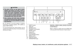 CAUTION
● The glass screen on the liquid crystal
  display may break if hit with a hard or
  sharp object. If the glass breaks, do not
  touch the liquid crystalline material,
  which contains a small amount of mer-
  cury. In case of contact with skin, wash
  immediately with soap and water.
● Use a damp, soft cloth when cleaning
  the Mobile Entertainment System com-
  ponents. Do not use solvents or clean-
  ing solutions.
Do not attempt to use the system in extreme                                                                                             LHA0316
temperature conditions [below -4°F (-20°C) or
                                                   1.    EJECT button                         DIGITAL VIDEO DISC (DVD) PLAYER
above 158°F (70°C)].
                                                   2.    DVD slot                             CONTROLS
To avoid discharging the vehicle battery, do not   3.    ENTER button
operate the system more than 15 minutes without                                               Refer to “Playing a digital video disc (DVD)” later
                                                   4.    POWER on/off button
starting the engine.                                                                          in this section for the function of each button.
                                                   5.    MODE button
                                                   6.    Input jacks
                                                   7.    STOP button
                                                   8.    PLAY/PAUSE button
                                                   9.    MENU button
                                                   10.   DISPLAY button
                                                   11.   NAVIGATION keys




                                                                Display screen, heater, air conditioner, audio and phone systems 4-57
 