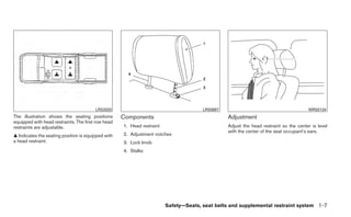 LRS2020                                       LRS0887                                         WRS0134
The illustration shows the seating positions        Components                                  Adjustment
equipped with head restraints. The first row head
restraints are adjustable.                          1. Head restraint                           Adjust the head restraint so the center is level
                                                                                                with the center of the seat occupant’s ears.
᭡ Indicates the seating position is equipped with   2. Adjustment notches
a head restraint.                                   3. Lock knob
                                                    4. Stalks




                                                                        Safety—Seats, seat belts and supplemental restraint system 1-7
 