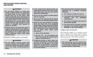 PRECAUTIONS WHEN STARTING
AND DRIVING

                 WARNING                      ● If you suspect that exhaust fumes are       ● The exhaust system and body should be
                                                entering the vehicle, drive with all win-     inspected by a qualified mechanic
● Do not leave children or adults who
                                                dows fully open, and have the vehicle         whenever:
  would normally require the assistance
                                                inspected immediately.
  of others alone in your vehicle. Pets                                                        a. The vehicle is raised for service.
  should also not be left alone. They         ● Do not run the engine in closed spaces
                                                                                               b. You suspect that exhaust fumes are
  could accidentally injure themselves or       such as a garage.
                                                                                                  entering  into    the   passenger
  others through inadvertent operation of     ● Do not park the vehicle with the engine           compartment.
  the vehicle. Also, on hot, sunny days,        running for any extended length of time.
  temperatures in a closed vehicle could                                                       c. You notice a change in the sound of
  quickly become high enough to cause         ● Keep the rear vent windows, lift gates,           the exhaust system.
  severe or possibly fatal injuries to          doors and trunk lids (if so equipped)
                                                                                               d. You have had an accident involving
  people or animals.                            closed while driving, otherwise exhaust
                                                                                                  damage to the exhaust system, un-
                                                gases could be drawn into the passen-
● Properly secure all cargo with ropes or       ger compartment. If you must drive with
                                                                                                  derbody, or rear of the vehicle.
  straps to help prevent it from sliding or     one of these open, follow these
  shifting. Do not place cargo higher than                                                  THREE-WAY CATALYST
                                                precautions:
  the seatbacks. In a sudden stop or col-                                                   The three-way catalyst is an emission control
  lision, unsecured cargo could cause           1. Open all the windows.
                                                                                            device installed in the exhaust system. Exhaust
  personal injury.
                                                2. Set the         air recirculation but-   gases in the three-way catalyst are burned at
EXHAUST GAS (carbon monoxide)                      ton to off and the fan control dial to   high temperatures to help reduce pollutants.
                                                   high to circulate the air.
                 WARNING                      ● If electrical wiring or other cable con-                       WARNING
● Do not breathe exhaust gases; they
                                                nections must pass to a trailer through     ● The exhaust gas and the exhaust sys-
                                                the seal on the lift gate or the body,        tem are very hot. Keep people, animals
  contain colorless and odorless carbon
                                                follow the manufacturer’s recommen-           or flammable materials away from the
  monoxide. Carbon monoxide is danger-
                                                dation to prevent carbon monoxide en-         exhaust system components.
  ous. It can cause unconsciousness or
                                                try into the vehicle.
  death.



5-2 Starting and driving
 