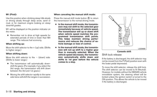 M1 (First):                                           When canceling the manual shift mode:
Use this position when climbing steep hills slowly    Press the manual shift mode button ᭺ to return
                                                                                            A
or driving slowly through deep snow, sand or          the transmission to the normal driving mode.
mud, or for maximum engine braking on steep
                                                       ● In the manual shift mode, the transmis-
downhill grades.
                                                         sion may not shift to the selected gear
M1 will be displayed on the position indicator on        immediately because of vehicle speed.
the meter.                                               The transmission will up or down shift
                                                         when vehicle speed matches the pro-
 ● Remember not to drive at high speeds for
                                                         grammed transmission shift points.
   extended periods of time in lower than M4
                                                         This helps maintain driving perfor-
   range. This reduces fuel economy.
                                                         mance and reduces the chance of ve-
When shifting up:                                        hicle damage or loss of control.
Move the shift selector to the + (up) side. (Shifts    ● In the manual shift mode, the transmis-
                                                                                                                                                 LSD0090
to higher range.)                                        sion will not up shift to a higher gear
                                                         than is manually selected. When the                            Console shift
When shifting down:                                      vehicle speed decreases, the transmis-        Shift lock release
Move the shift selector to the Ϫ (down) side.            sion automatically shifts down and
                                                         shifts to 1st gear before the vehicle         If the battery is discharged, the shift selector may
(Shifts to lower range.)
                                                         comes to a stop.                              not be moved from the P (Park) position even with
 ● The transmission will automatically down-                                                           the brake pedal depressed.
   shift the gears. (For example, if you select the
                                                                                                       To move the shift selector, release the shift lock.
   3rd range, the transmission will shift down
                                                                                                       The shift selector can be moved to N (Neutral).
   between the 3rd and 1st gears.)
                                                                                                       However, for models without the NISSAN vehicle
 ● Moving the shift selector rapidly to the same                                                       immobilizer system, the steering wheel will be
   side twice will shift the ranges in succession.                                                     locked unless the ignition switch is turned to the
                                                                                                       ON position. This allows the vehicle to be moved
                                                                                                       if the battery is discharged.



5-18 Starting and driving
 
