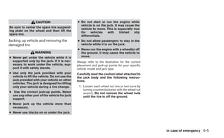 CAUTION                      ● Do not start or     run the engine while
                                                  vehicle is on the   jack. It may cause the
Be sure to center the spare tire suspend-
                                                  vehicle to move.    This is especially true
ing plate on the wheel and then lift the
                                                  for    vehicles      with    limited    slip
spare tire.
                                                  differentials.
Jacking up vehicle and removing the             ● Do not allow passengers to stay in the
damaged tire                                      vehicle while it is on the jack.
                                                ● Never run the engine with a wheel(s) off
                  WARNING                         the ground. It may cause the vehicle to
● Never get under the vehicle while it is         move.
  supported only by the jack. If it is nec-     Always refer to the illustration for the correct
  essary to work under the vehicle, sup-        placement and jack-up points for your specific
  port it with safety stands.                   vehicle model and jack type.
● Use only the jack provided with your          Carefully read the caution label attached to
  vehicle to lift the vehicle. Do not use the   the jack body and the following instruc-
  jack provided with your vehicle on other      tions.
  vehicles. The jack is designed for lifting
  only your vehicle during a tire change.        1. Loosen each wheel nut one or two turns by
                                                    turning counterclockwise with the wheel nut
● Use the correct jack-up points. Never             wrench. Do not remove the wheel nuts
  use any other part of the vehicle for jack        until the tire is off the ground.
  support.
● Never jack up the vehicle more than
  necessary.
● Never use blocks on or under the jack.




                                                                                                   In case of emergency 6-5
 