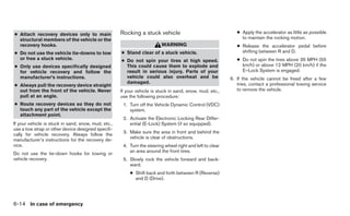 ● Attach recovery devices only to main               Rocking a stuck vehicle                                  ● Apply the accelerator as little as possible
  structural members of the vehicle or the                                                                      to maintain the rocking motion.
  recovery hooks.                                                        WARNING                              ● Release the accelerator pedal before
● Do not use the vehicle tie-downs to tow            ● Stand clear of a stuck vehicle.                          shifting between R and D.
  or free a stuck vehicle.                           ● Do not spin your tires at high speed.                  ● Do not spin the tires above 35 MPH (55
● Only use devices specifically designed               This could cause them to explode and                     km/h) or above 12 MPH (20 km/h) if the
  for vehicle recovery and follow the                  result in serious injury. Parts of your                  E–Lock System is engaged.
  manufacturer’s instructions.                         vehicle could also overheat and be                  6. If the vehicle cannot be freed after a few
                                                       damaged.
● Always pull the recovery device straight                                                                    tries, contact a professional towing service
  out from the front of the vehicle. Never           If your vehicle is stuck in sand, snow, mud, etc.,       to remove the vehicle.
  pull at an angle.                                  use the following procedure:
● Route recovery devices so they do not               1. Turn off the Vehicle Dynamic Control (VDC)
  touch any part of the vehicle except the               system.
  attachment point.
                                                      2. Activate the Electronic Locking Rear Differ-
If your vehicle is stuck in sand, snow, mud, etc.,       ential (E-Lock) System (if so equipped).
use a tow strap or other device designed specifi-
cally for vehicle recovery. Always follow the         3. Make sure the area in front and behind the
manufacturer’s instructions for the recovery de-         vehicle is clear of obstructions.
vice.                                                 4. Turn the steering wheel right and left to clear
Do not use the tie-down hooks for towing or              an area around the front tires.
vehicle recovery.                                     5. Slowly rock the vehicle forward and back-
                                                         ward.
                                                         ● Shift back and forth between R (Reverse)
                                                           and D (Drive).




6-14 In case of emergency
 