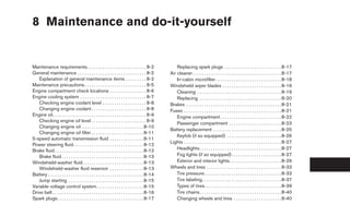 8 Maintenance and do-it-yourself


Maintenance requirements. . . . . . . . . . . . . . . . . . . . . . . . . . 8-2                        Replacing spark plugs . . . . . . . . . . . . . . . . . . . . . . . . . 8-17
General maintenance . . . . . . . . . . . . . . . . . . . . . . . . . . . . . . 8-2                Air cleaner . . . . . . . . . . . . . . . . . . . . . . . . . . . . . . . . . . . . . . . 8-17
   Explanation of general maintenance items . . . . . . . . . 8-2                                      In-cabin microfilter . . . . . . . . . . . . . . . . . . . . . . . . . . . . . 8-18
Maintenance precautions . . . . . . . . . . . . . . . . . . . . . . . . . . . 8-5                  Windshield wiper blades . . . . . . . . . . . . . . . . . . . . . . . . . . 8-19
Engine compartment check locations . . . . . . . . . . . . . . . . 8-6                                 Cleaning . . . . . . . . . . . . . . . . . . . . . . . . . . . . . . . . . . . . . 8-19
Engine cooling system . . . . . . . . . . . . . . . . . . . . . . . . . . . . . 8-7                    Replacing . . . . . . . . . . . . . . . . . . . . . . . . . . . . . . . . . . . . 8-20
   Checking engine coolant level . . . . . . . . . . . . . . . . . . . 8-8                         Brakes . . . . . . . . . . . . . . . . . . . . . . . . . . . . . . . . . . . . . . . . . . 8-21
   Changing engine coolant . . . . . . . . . . . . . . . . . . . . . . . . 8-8                     Fuses . . . . . . . . . . . . . . . . . . . . . . . . . . . . . . . . . . . . . . . . . . . 8-21
Engine oil. . . . . . . . . . . . . . . . . . . . . . . . . . . . . . . . . . . . . . . . . 8-9        Engine compartment . . . . . . . . . . . . . . . . . . . . . . . . . . . 8-22
   Checking engine oil level . . . . . . . . . . . . . . . . . . . . . . . . 8-9
                                                                                                       Passenger compartment . . . . . . . . . . . . . . . . . . . . . . . 8-23
   Changing engine oil . . . . . . . . . . . . . . . . . . . . . . . . . . . 8-10
                                                                                                   Battery replacement . . . . . . . . . . . . . . . . . . . . . . . . . . . . . . 8-25
   Changing engine oil filter . . . . . . . . . . . . . . . . . . . . . . . 8-11
                                                                                                       Keyfob (if so equipped) . . . . . . . . . . . . . . . . . . . . . . . . 8-26
5-speed automatic transmission fluid . . . . . . . . . . . . . . . 8-11
                                                                                                   Lights . . . . . . . . . . . . . . . . . . . . . . . . . . . . . . . . . . . . . . . . . . . 8-27
Power steering fluid. . . . . . . . . . . . . . . . . . . . . . . . . . . . . . . 8-12
Brake fluid . . . . . . . . . . . . . . . . . . . . . . . . . . . . . . . . . . . . . . . 8-12         Headlights . . . . . . . . . . . . . . . . . . . . . . . . . . . . . . . . . . . . 8-27
   Brake fluid . . . . . . . . . . . . . . . . . . . . . . . . . . . . . . . . . . . . 8-13            Fog lights (if so equipped) . . . . . . . . . . . . . . . . . . . . . . 8-27
Windshield-washer fluid. . . . . . . . . . . . . . . . . . . . . . . . . . . 8-13                      Exterior and interior lights. . . . . . . . . . . . . . . . . . . . . . . 8-29
   Windshield-washer fluid reservoir . . . . . . . . . . . . . . . 8-13                            Wheels and tires . . . . . . . . . . . . . . . . . . . . . . . . . . . . . . . . . 8-33
Battery . . . . . . . . . . . . . . . . . . . . . . . . . . . . . . . . . . . . . . . . . . 8-14       Tire pressure. . . . . . . . . . . . . . . . . . . . . . . . . . . . . . . . . . 8-33
   Jump starting . . . . . . . . . . . . . . . . . . . . . . . . . . . . . . . . . 8-15                Tire labeling. . . . . . . . . . . . . . . . . . . . . . . . . . . . . . . . . . . 8-37
Variable voltage control system. . . . . . . . . . . . . . . . . . . . . 8-15                          Types of tires. . . . . . . . . . . . . . . . . . . . . . . . . . . . . . . . . . 8-39
Drive belt . . . . . . . . . . . . . . . . . . . . . . . . . . . . . . . . . . . . . . . . 8-16        Tire chains . . . . . . . . . . . . . . . . . . . . . . . . . . . . . . . . . . . . 8-40
Spark plugs. . . . . . . . . . . . . . . . . . . . . . . . . . . . . . . . . . . . . . 8-17            Changing wheels and tires . . . . . . . . . . . . . . . . . . . . . 8-40
 