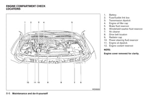 ENGINE COMPARTMENT CHECK
LOCATIONS

                                               1.    Battery
                                               2.    Fuse/fusible link box
                                               3.    Transmission dipstick
                                               4.    Engine oil filler cap
                                               5.    Brake fluid reservoir
                                               6.    Windshield-washer fluid reservoir
                                               7.    Air cleaner
                                               8.    Drive belt location
                                               9.    Radiator cap
                                               10.   Power steering fluid reservoir
                                               11.   Engine oil dipstick
                                               12.   Engine coolant reservoir
                                               NOTE:
                                               Engine cover removed for clarity.




                                     WDI0630

8-6 Maintenance and do-it-yourself
 