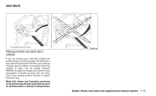 SEAT BELTS




                                                                      SSS0136
PRECAUTIONS ON SEAT BELT
USAGE
If you are wearing your seat belt properly ad-
justed and you are sitting upright and well back in
your seat with both feet on the floor, your chances
of being injured or killed in an accident and/or the
severity of injury may be greatly reduced.
NISSAN strongly encourages you and all of your
passengers to buckle up every time you drive,
even if your seating position includes a supple-
mental air bag.
Most U.S. states and Canadian provinces
or territories specify that seat belts be worn
at all times when a vehicle is being driven.

                                                       Safety—Seats, seat belts and supplemental restraint system 1-15
 