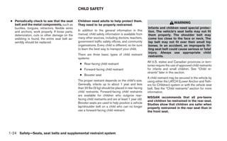 CHILD SAFETY


 ● Periodically check to see that the seat        Children need adults to help protect them.
                                                                                                                              WARNING
   belt and the metal components, such as         They need to be properly restrained.
   buckles, tongues, retractors, flexible wires                                                          Infants and children need special protec-
   and anchors, work properly. If loose parts,    In addition to the general information in this         tion. The vehicle’s seat belts may not fit
   deterioration, cuts or other damage on the     manual, child safety information is available from     them properly. The shoulder belt may
   webbing is found, the entire seat belt as-     many other sources, including doctors, teachers,       come too close to the face or neck. The
   sembly should be replaced.                     government traffic safety offices, and community       lap belt may not fit over their small hip
                                                  organizations. Every child is different, so be sure    bones. In an accident, an improperly fit-
                                                  to learn the best way to transport your child.         ting seat belt could cause serious or fatal
                                                                                                         injury. Always use appropriate child
                                                  There are three basic types of child restraint
                                                                                                         restraints.
                                                  systems:
                                                                                                         All U.S. states and Canadian provinces or terri-
                                                   ● Rear-facing child restraint                         tories require the use of approved child restraints
                                                   ● Forward-facing child restraint                      for infants and small children. See “Child re-
                                                                                                         straints” later in this section.
                                                   ● Booster seat
                                                                                                         A child restraint may be secured in the vehicle by
                                                  The proper restraint depends on the child’s size.      using either the LATCH (Lower Anchor and Teth-
                                                  Generally, infants up to about 1 year and less         ers for CHildren) system or with the vehicle seat
                                                  than 20 lbs (9 kg) should be placed in rear-facing     belt. See the “Child restraints” section for more
                                                  child restraints. Forward-facing child restraints      information.
                                                  are available for children who outgrow rear-
                                                                                                         NISSAN recommends that all pre-teens
                                                  facing child restraints and are at least 1 year old.
                                                                                                         and children be restrained in the rear seat.
                                                  Booster seats are used to help position a vehicle      Studies show that children are safer when
                                                  lap/shoulder belt on a child who can no longer         properly restrained in the rear seat than in
                                                  use a forward-facing child restraint.                  the front seat.




1-24 Safety—Seats, seat belts and supplemental restraint system
 