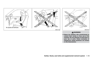 ARS1133                                     ARS1041

                                         WARNING
                         ● Never let children ride unrestrained or
                           extend their hands or face out of the
                           window. Do not attempt to hold them in
                           your lap or arms. Some examples of
                           dangerous riding positions are shown
                           in the illustrations.




Safety—Seats, seat belts and supplemental restraint system 1-49
 
