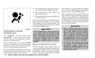● The supplemental air bag warning light re-         after inflation has occurred. Repair and replace-
                                                         mains on after approximately 7 seconds.            ment of these supplemental air bag systems
                                                                                                            should be done only by a NISSAN dealer.
                                                       ● The supplemental air bag warning light
                                                         flashes intermittently.                            When maintenance work is required on the ve-
                                                                                                            hicle, the front air bags, side air bags, curtain and
                                                       ● The supplemental air bag warning light does
                                                                                                            rollover air bags, pretensioners and related parts
                                                         not come on at all.
                                                                                                            should be pointed out to the person performing
                                                      Under these conditions, the front air bag, side air   the maintenance. The ignition key should always
                                                      bag and curtain and rollover air bag or preten-       be in the LOCK position when working under the
                                                      sioner systems may not operate properly. They         hood or inside the vehicle.
                                                      must be checked and repaired. Take your vehicle
                                                      to the nearest NISSAN dealer.                                               WARNING
                                                                                                            ● Once a front air bag, side air bag or
                                          LRS0100                          WARNING                            curtain and rollover air bag has inflated,
SUPPLEMENTAL AIR BAG                                  If the supplemental air bag warning light               the air bag module will not function
WARNING LIGHT                                         is on, it could mean that the front air bag,            again and must be replaced. Addition-
                                                      side air bag, curtain and rollover air bag              ally, the activated pretensioners must
The supplemental air bag warning light,               and/or pretensioner systems will not op-                also be replaced. The air bag module
displaying         in the instrument panel, moni-     erate in an accident. To help avoid injury              and pretensioners should be replaced
tors the circuits for the air bag systems, preten-    to yourself or others, have your vehicle                by a NISSAN dealer. The air bag module
sioners and all related wiring.                       checked by a NISSAN dealer as soon as                   and pretensioner cannot be repaired.
                                                      possible.                                             ● The front air bag, side air bag, curtain
When the ignition key is in the ON or START
                                                                                                              and rollover air bag systems and the
position, the supplemental air bag warning light      Repair and replacement procedure                        pretensioner system should be in-
illuminates for about 7 seconds and then turns
                                                      The front air bags, side air bags, curtain and          spected by a NISSAN dealer if there is
off. This means the system is operational.                                                                    any damage to the front end or side
                                                      rollover supplemental air bags and pretensioners
If any of the following conditions occur, the front   are designed to inflate on a one-time-only basis.       portion of the vehicle.
air bag, side air bag, curtain and rollover air bag   As a reminder, unless it is damaged, the supple-
and pretensioner systems need servicing:              mental air bag warning light remains illuminated
1-62 Safety—Seats, seat belts and supplemental restraint system
 