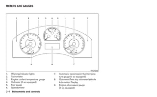 METERS AND GAUGES




                                                                            WIC1243
1.   Warning/indicator lights           7.   Automatic transmission fluid tempera-
2.   Tachometer                              ture gauge (if so equipped)
3.   Engine coolant temperature gauge   8.   Odometer/Twin trip odometer/Vehicle
4.   Voltmeter (if so equipped)              Information Display
5.   Fuel gauge                         9.   Engine oil pressure gauge
6.   Speedometer                             (if so equipped)
2-4 Instruments and controls
 