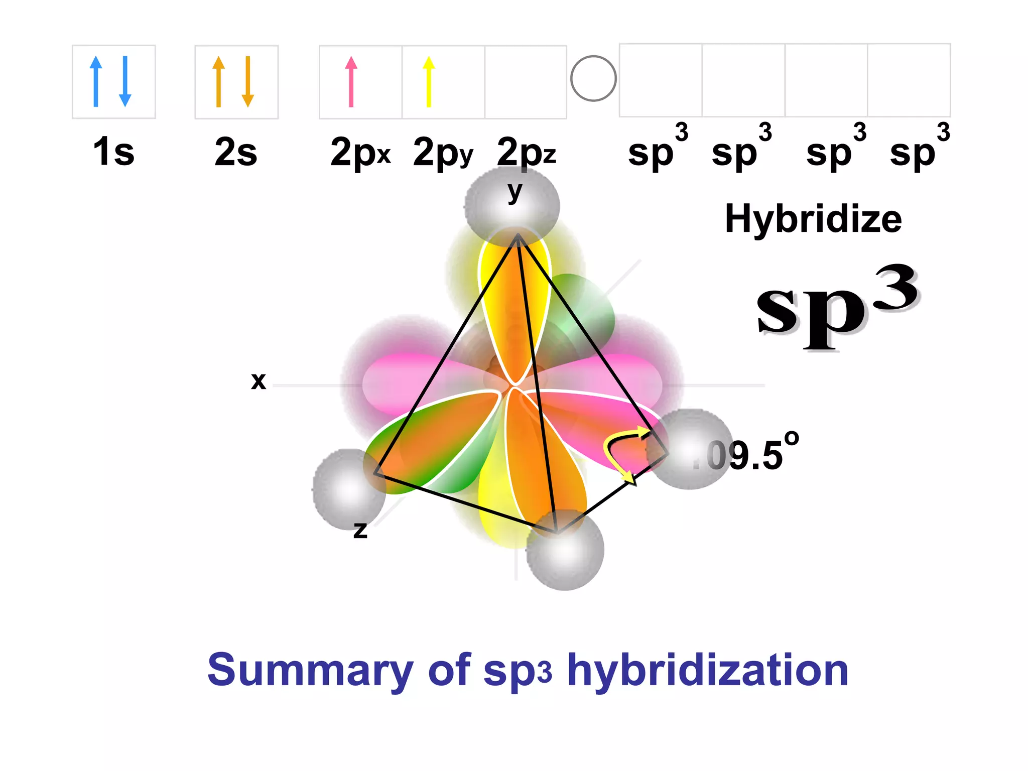 3    3        3   3
1s   2s   2px 2py 2pz   sp sp         sp sp
                  y
                             Hybridize


      x
                                  o
                          109.5
           z




     Summary of sp3 hybridization
 