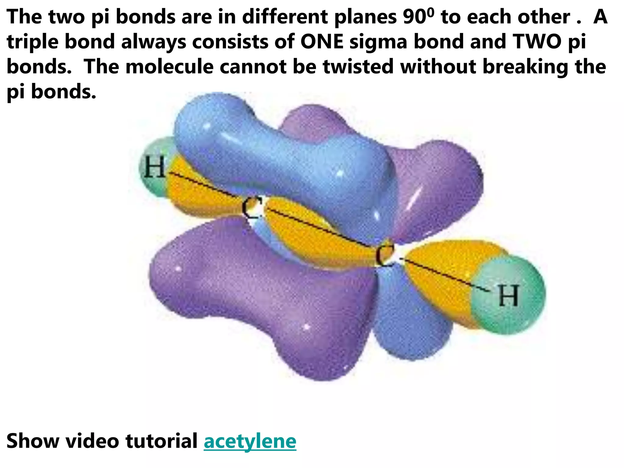 The two pi bonds are in different planes 900 to each other . A
triple bond always consists of ONE sigma bond and TWO pi
bonds. The molecule cannot be twisted without breaking the
pi bonds.




Show video tutorial acetylene
 