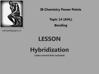 IB Chemistry Power Points

                                    Topic 14 (AHL)
                                         Bonding
www.pedagogics.ca



                         LESSON
                    Hybridization
                     (video tutorial links included)
 