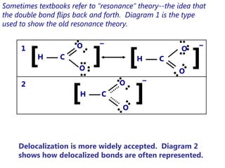 Sometimes textbooks refer to “resonance” theory--the idea that
the double bond flips back and forth. Diagram 1 is the type
used to show the old resonance theory.



         [                 ]
                             –

                                       [                  ]
     1                O                               O     –
          H      C                      H       C
                       O                             O



                     [                  ]
                                   O        –
     2
                       H      C
                                    O




    Delocalization is more widely accepted. Diagram 2
    shows how delocalized bonds are often represented.
 
