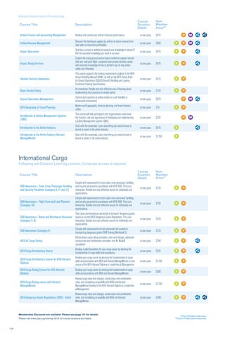 114
*Prices in US dollars, before taxes.
⁰Prices for E-Book version of course only.
Membership Discounts are available. Please see page 121 for details.
Please visit www.iata.org/training-2012 for course locations and dates.
International Cargo
Following are Distance Learning courses. Computer access is required.
Course Title Description
Course
Duration
(Days)
Non-
Member
Price*⁰
DGR Awareness - Cabin Crew, Passenger Handling
and Security Personnel (Category 9, 11 and 12)
Comply with requirements to train cabin crew personnel, handling
and security personnel in accordance with IATA DGR. This is an
interactive, flexible and cost-effective course for individuals and
organizations.
at own pace $120
DGR Awareness - Flight Crew and Load Planners
(Category 10)
Comply with requirements to train cabin crew personnel, handling
and security personnel in accordance with IATA DGR. This is an
interactive, flexible and cost-effective course for individuals and
organizations.
at own pace $120
DGR Awareness - Ramp and Warehouse Personnel
(Category 5, 8)
Train ramp and warehouse personnel to transport dangerous goods
based on current IATA Dangerous Goods Regulations. This is an
interactive, flexible and cost-effective course for individuals and
organizations.
at own pace $120
DGR Awareness (Category 4)
Comply with requirements to train personnel not involved in
transporting dangerous goods (DGR Training Workbook 5).
at own pace $120
IATA Air Cargo Rating
Review basic cargo rating principles, rates and charges, advanced
construction and combination principles, and Air Waybill
completion.
at own pace $240
IATA Cargo Introductory Course
Develop a solid foundation for your cargo career by learning the
fundamentals of cargo skills and procedures.
at own pace $310
IATA Cargo Introductory Course for IATA-Harvard
Diploma
Develop your cargo career by learning the fundamentals of cargo
skills and procedures with IATA and Harvard ManageMentor, a core
course of the IATA-Harvard Diploma in Leadership & Management.
at own pace $1,150
IATA Cargo Rating Course for IATA-Harvard
Diploma
Develop your cargo career by learning the fundamentals of cargo
skills and procedures with IATA and Harvard ManageMentor.
at own pace $560
IATA Cargo Rating course with Harvard
ManageMentor
Review cargo rates and charges, construction and combination
rates, and completing air waybills with IATA and Harvard
ManageMentor leading to the IATA-Harvard Diploma in Leadership
& Management.
at own pace $1,150
IATA Dangerous Goods Regulations (DGR) - Initial
Review cargo rates and charges, construction and combination
rates, and completing air waybills with IATA and Harvard
ManageMentor.
at own pace $490
International Aviation continued from previous page
Course Title Description
Course
Duration
(Days)
Non-
Member
Price*⁰
Airline Finance and Accounting Management Analyse and control your airline’s financial performance. at own pace $475
Airline Revenue Management
Discover the techniques applied by airlines to derive revenue from
seat sales to maximize profitability.
at own pace $650
Airport Operations
Starting a carreer or wishing to expand your knowledge in airports?
Get the essantial knowledge you need to succeed.
at own pace $475
Airport Ramp Services
Explore the many ground service tasks involved to support aircraft
both pre- and post-flight. Jumpstart your ground services career
with concrete knowledge of how to perform day-to-day duties
safely and efficiently.
at own pace $475
Aviation Security Awareness
This course supports the training requirements outlined in the IATA
Airport Handling Manual (AHM), as well as the IATA Safety Audit
for Ground Operations (ISAGO) Aircraft Handling and Loading
Functional Training Specifications.
at own pace $375
Basic Airside Safety
An interactive, flexible and cost-effective way of learning about
implementing best practices in airside safety.
at own pace $120
Ground Operations Management
Control and supervise an airline station in a self-handled or
outsourced environment.
at own pace $970
IATA Geography in Travel Planning
Master world geography, itinerary planning, and travel industry
codes.
at own pace $75
Introduction to Safety Management Systems
(SMS)
This course will help participants and organizations understand
the function, role and importance of developing and implementing
a Safety Management System (SMS).
at own pace $225
Introduction to the Airline Industry
Start with the essentials. Learn everything you need to know to
launch a career in the airline industry.
at own pace $475
Introduction to the Airline Industry Harvard
ManageMentor
Start with the essentials. Learn everything you need to know to
launch a career in the airline industry.
at own pace $1,150
 