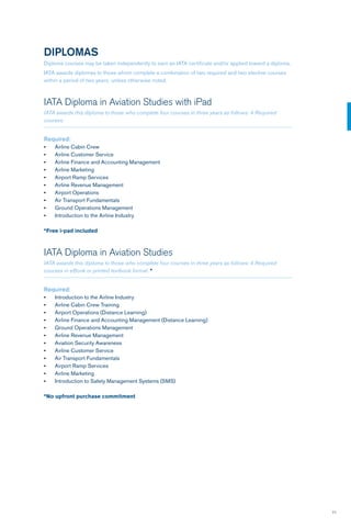 71
DIPLOMAS
Diploma courses may be taken independently to earn an IATA certificate and/or applied toward a diploma.
IATA awards diplomas to those whom complete a combination of two required and two elective courses
within a period of two years, unless otherwise noted.
IATA Diploma in Aviation Studies with iPad
IATA awards this diploma to those who complete four courses in three years as follows: 4 Required
courses.
Required:	
•	 Airline Cabin Crew
•	 Airline Customer Service
•	 Airline Finance and Accounting Management
•	 Airline Marketing
•	 Airport Ramp Services
•	 Airline Revenue Management
•	 Airport Operations
•	 Air Transport Fundamentals
•	 Ground Operations Management
•	 Introduction to the Airline Industry
*Free i-pad included
IATA Diploma in Aviation Studies
IATA awards this diploma to those who complete four courses in three years as follows: 4 Required
courses in eBook or printed textbook format. *
Required:	
•	 Introduction to the Airline Industry
•	 Airline Cabin Crew Training
•	 Airport Operations (Distance Learning)
•	 Airline Finance and Accounting Management (Distance Learning)
•	 Ground Operations Management
•	 Airline Revenue Management
•	 Aviation Security Awareness
•	 Airline Customer Service
•	 Air Transport Fundamentals
•	 Airport Ramp Services
•	 Airline Marketing
•	 Introduction to Safety Management Systems (SMS)
*No upfront purchase commitment
 