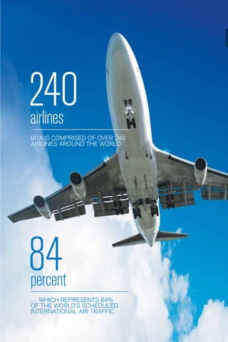 9
84percent
… WHICH REPRESENTS 84%
OF THE WORLD’S SCHEDULED
INTERNATIONAL AIR TRAFFIC.
240airlines
IATA IS COMPRISED OF OVER 240
AIRLINES AROUND THE WORLD …
 