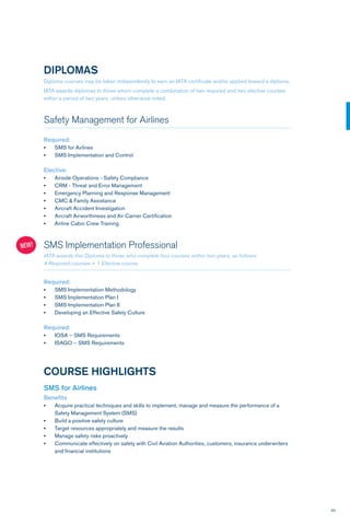 95
DIPLOMAS
Diploma courses may be taken independently to earn an IATA certificate and/or applied toward a diploma.
IATA awards diplomas to those whom complete a combination of two required and two elective courses
within a period of two years, unless otherwise noted.
Safety Management for Airlines
Required:
•	 SMS for Airlines
•	 SMS Implementation and Control
Elective:
•	 Airside Operations - Safety Compliance
•	 CRM - Threat and Error Management
•	 Emergency Planning and Response Management
•	 CMC & Family Assistance
•	 Aircraft Accident Investigation
•	 Aircraft Airworthiness and Air Carrier Certification
•	 Airline Cabin Crew Training
SMS Implementation Professional
IATA awards this Diploma to those who complete four courses within two years, as follows:
4 Required courses + 1 Elective course
Required:
•	 SMS Implementation Methodology
•	 SMS Implementation Plan I
•	 SMS Implementation Plan II
•	 Developing an Effective Safety Culture
Required:
•	 IOSA – SMS Requirements
•	 ISAGO – SMS Requirements
COURSE HIGHLIGHTS
SMS for Airlines
Benefits
•	 Acquire practical techniques and skills to implement, manage and measure the performance of a 		
Safety Management System (SMS)
•	 Build a positive safety culture
•	 Target resources appropriately and measure the results
•	 Manage safety risks proactively
•	 Communicate effectively on safety with Civil Aviation Authorities, customers, insurance underwriters 	
and financial institutions
NEW!
 