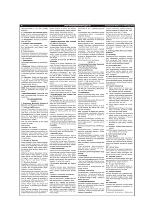 Dream Dare Win                                                                                                                                                 www.jeywin.com




 30                                                                         www.employmentnews.gov.in                                                Employment News 11 - 17 February 2012
 sigmatropic shifts [1, 3; 3, 3 and 1, 5] FMO     Plastic Analysis of beams and frames:             Compaction of soil – Laboratory and field         Typical construction methods and stan-
 approach.                                        Theory of plastic bending, plastic analysis,      tests.                                            dards of materials for stabilized soil, WBM,
 4. (i) Preparation and Properties of Poly-       statical method, Mechanism method.                Compressibility and consolidation concept         Bituminous works and CC roads.
 mers: Organic polymers–polyethy-lene,            Unsymmetrical bending: Moment of iner-            – consolidation theory – consolidation            Surface and sub-surface drainage ar-
 polystyrene, polyvinyl chloride, teflon, ny-     tia, product of inertia, position of Neutral      settlement analysis.                              rangements for roads - culvert structures.
 lon, terylene, synthetic and natural rubber.     Axis and Principle axes, calculation of           Earth pressure theory and analysis for re-        Pavement distresses and strengthening by
 (ii) Biopolymers: Structure of proteins,         bending stresses.                                 taining walls, Application for sheet piles        overlays.
 DNA and RNA.                                     2. Design of Structures: Steel, Concrete          and Braced excavation.                            Traffic surveys and their applications in traf-
 5. Synthetic Uses of Reagents:                   and Masonry Structures:                           Bearing capacity of soil – approaches for         fic planning - Typical design features for
 OsO4 , HIO4, CrO3, Pb(OAc)4, SeO2 , NBS,         2.1 Structural Steel Design:                      analysis – Field tests – settlement analysis      channelized, intersection, rotary etc – sig-
 B2H 6, Na-Liquid NH3, LiAlH4, NaBH4, n-BuLi      Structural Steel: Factors of safety and load      – stability of slope of earth walk.               nal designs – standard Traffic signs and
 and MCPBA.                                       factors. Riveted, bolted and welded joints        Subsurface exploration of soils – methods         markings.
 6. Photochemistry:                               and connections. Design of tension and            Foundation – Type and selection criteria          3. Hydrology, Water Resources and En-
 Photochemical reactions of simple organic        compression member, beams of built up             for foundation of structures – Design crite-      gineering:
 compounds, excited and ground states,            section, riveted and welded plate girders,        ria for foundation – Analysis of distribution     3.1 Hydrology:
 singlet and triplet states, Norrish-Type I and   gantry girders, stancheons with battens           of stress for footings and pile – pile group      Hydrological cycle, precipitation, evapora-
 Type II reactions.                               and lacings.                                      action-pile load test.                            tion, transpiration, infiltration, overland
 7. Spectroscopy:                                 2.2 Design of Concrete and Masonry                Ground improvement techniques.                    flow, hydrograph, flood frequency analy-
                                                  Structures:                                                         PAPER - II                      sis, flood routing through a reservoir, chan-
 Principle and applications in structure elu-
 cidation:                                        Concept of mix design. Reinforced Con-            1. Construction Technology, Equipment,            nel flow routing-Muskingam method.
                                                  crete: Working Stress and Limit State             Planning and Management:                          3.2 Ground water flow:
 (i) Rotational: Diatomic molecules; isoto-
                                                  method of design–Recommendations of                                                                 Specific yield, storage coefficient, coeffi-
 pic substitution and rotational constants.                                                         1.1 Construction Technology:
                                                  I.S. codes Design of one way and two way                                                            cient of permeability, confined and uncon-
 (ii) Vibrational: Diatomic molecules, linear     slabs, stair-case slabs, simple and continu-      Engineering Materials:
 triatomic molecules, specific frequencies                                                                                                            fined equifers, aquifers, aquitards, radial
                                                  ous beams of rectangular, T and L sec-            Physical properties of construction materi-
 of functional groups in polyatomic mol-                                                                                                              flow into a well under confined and uncon-
                                                  tions. Compression members under direct           als with respect to their use in construction
 ecules.                                                                                                                                              fined conditions.
                                                  load with or without eccentricity, Cantile-       - Stones, Bricks and Tiles; Lime, Cement,
 (iii) Electronic: Singlet and triplet states;                                                      different types of Mortars and Concrete.          3.3 Water Resources Engineering:
                                                  ver and Counter fort type retaining walls.
 n  π* and π π* transitions; application to     Water tanks: Design requirements for Rect-        Specific use of ferro cement, fibre rein-         Ground and surface water resource, single
 conjugated double bonds and conjugated                                                             forced C.C, High strength concrete.               and multipurpose projects, storage capac-
                                                  angular and circular tanks resting on
 carbonyls–Woodward-Fieser rules;                                                                                                                     ity of reservoirs, reservoir losses, reservoir
                                                  ground.                                           Timber, properties and defects - common
 Charge transfer spectra.                                                                                                                             sedimentation.
                                                  Prestressed concrete: Methods and sys-            preservation treatments.
 (iv) Nuclear Magnetic Resonance ( 1H                                                                                                                 3.4 Irrigation Engineering:
                                                  tems of prestressing, anchorages, Analy-          Use and selection of materials for specific
 NMR): Basic principle; chemical shift and        sis and design of sections for flexure based      use like Low Cost Housing, Mass Hous-             (i) Water requirements of crops: con-
 spin-spin interaction and coupling con-          on working stress, loss of prestress.             ing, High Rise Buildings.                               sumptive use, duty and delta, irriga-
 stants.                                                                                                                                                    tion methods and their efficiencies.
                                                  Design of brick masonry as per I.S. Codes         1.2 Construction:
 (v) Mass Spectrometry: Parent peak, base                                                                                                             (ii) Canals: Distribution systems for canal
                                                  3. Fluid Mechanics, Open Channel Flow             Masonry principles using Brick, stone,
 peak, metastable peak, McLafferty rear-                                                                                                                    irrigation, canal capacity, canal losses,
                                                  and Hydraulic Machines:                           Blocks – construction detailing and strength
 rangement.                                                                                                                                                 alignment of main and distributory ca-
                                                  3.1 Fluid Mechanics:                              characteristics.
          CIVIL ENGINEERING                                                                                                                                 nals, most efficient section, lined ca-
                                                  Fluid properties and their role in fluid mo-      Types of plastering, pointing, flooring, roof-          nals, their design, regime theory, criti-
                  PAPER – I                       tion, fluid statics including forces acting on    ing and construction features.                          cal shear stress, bed load.
 1. Engineering Mechanics, Strength of            plane and curved surfaces.                        Common repairs in buildings.                      (iii) Water logging: causes and control,
 Materials and Structural Analysis:               Kinematics and Dynamics of Fluid flow:            Principles of functional planning of build-             salinity.
 1.1 Engineering Mechanics:                       Velocity and accelerations, stream lines,         ing for residents and specific use - Build-       (iv) Canal structures: Design of, head regu-
 Units and Dimensions, SI Units, Vectors,         equation of continuity, irrotational and ro-      ing code provisions.                                    lators, canal falls, aqueducts, meter-
 Concept of Force, Concept of particle and        tational flow, velocity potential and stream      Basic principles of detailed and approxi-               ing flumes and canal outlets.
 rigid body. Concurrent, Non Concurrent           functions.                                        mate estimating - specification writing and       (v) Diversion headwork: Principles and
 and parallel forces in a plane, moment of        Continuity, momentum and energy equa-             rate analysis – principles of valuation of              design of weirs of permeable and im-
 force, free body diagram, conditions of          tion, Navier-Stokes equation, Euler’s equa-       real property.                                          permeable foundation, Khosla’s
 equilibrium, Principle of virtual work,          tion of motion, application to fluid flow prob-   Machinery for earthwork, concreting and                 theory, energy dissipation.
 equivalent force system.                         lems, pipe flow, sluice gates, weirs.             their specific uses – Factors affecting se-       (vi) Storage works: Types of dams, design,
 First and Second Moment of area, Mass            3.2 Dimensional Analysis and Similitude:          lection of equipments – operating cost of               principles of rigid gravity, stability
 moment of Inertia.                               Buckingham’s Pi-theorem, dimensionless            Equipments.                                             analysis.
 Static Friction.                                 parameters.                                       1.3 Construction Planning and Manage-             (vii) Spillways: Spillway types, energy dis-
 Kinematics and Kinetics:                         3.3 Laminar Flow:                                 ment:                                                   sipation.
 Kinematics in Cartesian Co-ordinates,            Laminar flow between parallel, stationary         Construction activity – schedules- organi-        (viii)River training: Objectives of river train-
 motion under uniform and nonuniform ac-          and moving plates, flow through tube.             zation for construction industry – Quality              ing, methods of river training.
 celeration, motion under gravity. Kinetics       3.4 Boundary layer:                               assurance principles.
                                                                                                                                                      4. Environmental Engineering:
 of particle: Momentum and Energy prin-                                                             Use of Basic principles of network – analy-
                                                  Laminar and turbulent boundary layer on                                                             4.1 Water Supply:
 ciples, collision of elastic bodies, rotation                                                      sis in form of CPM and PERT – their use in
                                                  a flat plate, laminar sub layer, smooth and                                                         Predicting demand for water, impurities of
 of rigid bodies.                                                                                   construction monitoring, Cost optimization
                                                  rough boundaries, drag and lift.                                                                    water and their significance, physical,
 1.2 Strength of Materials:                                                                         and resource allocation.
                                                  Turbulent flow through pipes: Characteris-                                                          chemical and bacteriological analysis,
 Simple Stress and Strain, Elastic constants,     tics of turbulent flow, velocity distribution     Basic principles of Economic analysis and
                                                                                                                                                      waterborne diseases, standards for potable
 axially loaded compression members,              and variation of pipe friction factor, hydrau-    methods.
                                                                                                                                                      water.
 Shear force and bending moment, theory           lic grade line and total energy line.             Project profitability – Basic principles of
 of simple bending, Shear Stress distribu-                                                                                                            4.2 Intake of water:
                                                  3.5 Open channel flow:                            Boot approach to financial planning –
 tion across cross sections, Beams of uni-                                                          simple toll fixation criterions.                  Water treatment: principles of coagulation,
 form strength.                                   Uniform and non-uniform flows, momen-                                                               flocculation and sedimentation; slow-;
                                                  tum and energy correction factors, specific       2. Surveying and Transportation Engi-
 Deflection of beams: Macaulay’s method,                                                                                                              rapid-, pressure-, filters; chlorination, soft-
                                                  energy and specific force, critical depth,        neering :
 Mohr’s Moment area method, Conjugate                                                                                                                 ening, removal of taste, odour and salinity.
                                                  rapidly varied flow, hydraulic jump, gradu-       2.1 Surveying:
 beam method, unit load method. Torsion                                                                                                               4.3 Sewerage systems:
 of Shafts, Elastic stability of columns,         ally varied flow, classification of surface       Common methods and instruments for dis-
                                                                                                                                                      Domestic and industrial wastes, storm sew-
 Euler’s Rankine’s and Secant formulae.           profiles, control section, step method of in-     tance and angle measurement for CE work
                                                                                                                                                      age–separate and combined systems, flow
                                                  tegration of varied flow equation.                – their use in plane table, traverse survey,
 1.3 Structural Analysis:                                                                                                                             through sewers, design of sewers.
                                                  3.6 Hydraulic Machines and Hydro-                 leveling work, triangulation, contouring and
 Castiglianio’s theorems I and II, unit load                                                        topographical map.                                4.4 Sewage characterization:
                                                  power:
 method of consistent deformation applied                                                                                                             BOD, COD, solids, dissolved oxygen, ni-
                                                  Hydraulic turbines, types classification,         Basic principles of photogrammetry and
 to beams and pin jointed trusses. Slope-                                                                                                             trogen and TOC. Standards of disposal in
                                                  Choice of turbines, performance param-            remote sensing.
 deflection, moment distribution,                                                                                                                     normal watercourse and on land.
                                                  eters, controls, characteristics, specific        2.2 Railway Engineering:
 Rolling loads and Influences lines: Influ-                                                                                                           4.5 Sewage treatment:
 ences lines for Shear Force and Bending          speed.                                            Permanent way – components, types and
                                                                                                    their functions – Functions and Design con-       Working principles, units, chambers, sedi-
 moment at a section of beam. Criteria for        Principles of hydropower development.
                                                                                                    stituents of turn and crossings – Necessity       mentation tanks, trickling filters, oxidation
 maximum shear force and bending Mo-              4. Geotechnical Engineering:                                                                        ponds, activated sludge process, septic
 ment in beams traversed by a system of                                                             of geometric design of track – Design of
                                                  Soil Type and structure – gradation and par-                                                        tank, disposal of sludge, recycling of waste-
 moving loads. Influences lines for simply                                                          station and yards.
                                                  ticle size distribution – consistency limits.                                                       water.
 supported plane pin jointed trusses.                                                               2.3 Highway Engineering:
                                                  Water in soil – capillary and structural –                                                          4.6 Solid waste:
 Arches: Three hinged, two hinged and             effective stress and pore water pressure –        Principles of Highway alignments – classi-
                                                                                                    fication and geometrical design elements          Collection and disposal in rural and urban
 fixed arches, rib shortening and tempera-        permeability concept – field and labora-
                                                                                                    and standards for Roads.                          contexts, management of long-term ill ef-
 ture effects.                                    tory determination of permeability – Seep-                                                          fects.
 Matrix methods of analysis: Force method         age pressure – quick sand conditions –            Pavement structure for flexible and rigid
                                                                                                    pavements - Design principles and meth-           5. Environmental pollution:
 and displacement method of analysis of           Shear strength determination – Mohr Cou-
 indeterminate beams and rigid frames.            lomb concept.                                     odology of pavements.                             Sustainable development. Radioactive




www.jeywin.com                                                                                                                                                    Dream Dare Win
 