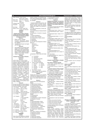 Dream Dare Win                                                                                                                                               www.jeywin.com




 42                                                                      www.employmentnews.gov.in                                                 Employment News 11 - 17 February 2012
 Singh (Essayist) Nawan Shivala                  swered in Sanskrit. The remaining ques-        f) Amarukasatakam-Amaruka                           Hansda, Kalendra Nath Mandi, Mahadev
                 Merian Abhul Yadaan.            tions must be answered either in Sanskrit      g) Gitagovindam-Jayadeva                            Hansda, Gour Chandra Murmu, Thakur
 Balraj Sahni    Mera Roosi Safarnama            or in the medium of examination opted by                                                           Prasad Murmu, Hara Prasad Murmu, Uday
                                                                                                                 Section-B
                                                 the candidate.                                                                                     Nath Majhi, Parimal Hembram, Dhirendra
 (Travelogue)    Mera          Pakistani                                                        Questions from Groups 1 & 2 are to be
                                                                   Section-A                                                                        Nath Baske, Shyam Charan Hembram,
                 Safarnama                                                                      answered in Sanskrit only. (Questions
                                                 1. Significant features of the grammar, with                                                       Damayanti Beshra, T.K. Rapaj, Boyha
 d) Balwant Gargi Loha Kutt                                                                     from Groups 3 & 4 are to be answered in
                                                 particular stress on Sanjna, Sandhi,                                                               Biswanath Tudu.
 (Dramatist)     Dhuni-di-Agg                                                                   Sanskrit or in the medium opted by the
                                                 Karaka, Samasa, Kartari and Karmani            candidate).                                         Part-III : Cultural Heritage of Santali tradi-
                 Sultan Razia                    vacyas (voice usages) (to be answered in                                                           tion, customs, festival and rituals (birth,
                                                                                                This Section will require first hand reading
 Sant Singh      Sahityarth                      Sanskrit).                                                                                         marriage and death).
                                                                                                of the following selected texts :-
 Sekhon (Critic) Parsidh Punjabi Kavi            2. (a) Main characteristics of Vedic San-                                                                            PAPER-II
                                                                                                Group 1
                 Punjabi Kav Shiromani           skrit language.                                                                                    (Answers must be written in Santali)
                                                                                                (a) Raghuvansam-Canto I, Verses 1 to 10
                 RUSSIAN                         (b) Prominent features of classical Sanskrit                                                                        Section-A
                                                 language.                                      (b) Kumarasambhavam-Canto I, Verses 1
                    PAPER-I                                                                     to 10                                               This paper will require in-depth reading of
    Answers must be written in Russian           (c) Contribution of Sanskrit to linguistic                                                         the following texts and the questions will
                                                 studies.                                       (c) Kiratarjuniyam-Canto I, Verses 1 to 10
   except in the case of question regard-                                                                                                           be designed to test the candidates' criticial
                                                 3. General Knowledge of:-                      Group 2                                             ability.
 ing translation from Russian to English.
                                                 (a) Literary history of Sanskit,               (a) Isavasyopanisad-verses-1, 2, 4, 6, 7,           Ancient Literature :
           (Language and Culture)
                                                                                                15 and 18
                   Section-A                     (b) Principal trends of literary criticism                                                         Prose
                                                                                                (b) Bhagavatgita II chapter verses 13 to 25
 i.   Modern Russian Language :                  (c) Ramayana,                                                                                      (a) Kherwal Bonso Dhorom Puthi-Majhi
                                                                                                (c) Sundarakandam of Valmiki Canto 15,              Ramdas Tudu "Rasika".
      Phonetics, Morphology, Syntax,             (d) Mahabharata
                                                                                                Verses 15 to 30 (Geeta Press Edition)
      Lexicology, Lexicography and Seman-        (e) The origin and development of literary                                                         (b) Mare Hapramko Reyak Katha-L.O.
                                                                                                Group 3                                             Scrafsrud.
      tics, linguistics                          geners of:
                                                                                                (a) Meghadutam-verses 1 to 10                       (c) Jomsim Binti Lita-Mangal Chandra
 ii. Translation from Russian into English             Mahakavya
      and vice-versa.                                                                           (b) Nitisatakam-Verses 1 to 10 (Edited by           Turkulumang Soren.
                                                       Rupaka (drama)
                                                                                                D.D. Kosambi Bharatiya Vidya Bhavan                 (d) Marang Buru Binti-Kanailal Tudu.
                   Section-B                           Katha                                    Publication)
 i.   Socio-political and economical devel-            Akhyayika                                                                                    Poetry
                                                                                                (c) Kadambari-Sukanaso-padesa (only)
      opment of the Russian Federation :               Campu                                                                                        (a) Karam Sereng-Nunku Soren.
      Patriotic war of 1812, October Revolu-                                                    Group 4
                                                       Khandakavya                                                                                  (b) Devi Dasain Sereng-Manindra Hansda.
      tion, Perestroika and Glasnost, disinte-                                                  (a) Svapnavasavadattam Act VI
                                                       Muktaka Kavya.                                                                               (c) Horh Sereng-W.G. Archer.
      gration of USSR. Regional & Cultural                                                      (b) Abhijnansakuntalam Act IV verses 15
                                                                   Section-B                                                                        (d) Baha Sereng-Balaram Tudu
      variations of the Russian Federation.                                                     to 30
                                                 4. Essentials of Indian Culture with stress                                                        (e) Dong Sereng-Padmashri Bhagwat
 ii. Essay on general topics.                                                                   (M.R. Kale Edition)
                                                 on                                                                                                 Murmu 'Thakur'
                    PAPER-II                                                                    (c) Uttararamacharitam Act 1 verses 31 to
                                                       a) Purusarthas-                                                                              (f) Hor Sereng-Raghunath Murmu.
   (Answers must be written in Russian )                                                        47 (M.R. Kale Edition)
                                                       b) Samskaras-                                                                                (g) Soros Sereng-Babulal Murmu "Adivasi"
                (Literature)                                                                                     SANTALI
                                                       c) Varnasramavyavastha                                                                       (h) More Sin More Nida-Rup Chand
                  Section-A                                                                                       PAPER-I                           Hansda
 Literary History and Literary Criticism               d) Arts and fine arts                    (Answers must be written in Santali)                (i) Judasi Madwa Latar-Tez Narayan
 Literary movements, Sentimentalism, Ro-               e) Technical sciences                               Section-A                                Murmu.
 manticism, Naturalism, Realism, Critical        5. Trends of Indian Philosophy                 Part-I History of Santali Language                                   Section-B
 Realism, Socialism, Acmeism, Symbolism,               a) Mimansa         b) Vedanta            I. Main Austric Language family, popula-            Modern Literature
 Futurism; Origin and development of liter-            c) Nyaya           d) Vaisesika          tion and distribution.
 ary genres : Folk literature, Lyrics and po-                                                                                                       Part-I : Poetry
                                                       e) Sankhya         f) Yoga               II. Grammatical structure of Santali Lan-
 ems-A.S. Pushkin, M.U. Lermontov,                                                                                                                  (a) Onorhen Baha Dhalwak-Paul Jujhar
                                                       g) Bauddha         h) Jaina              guage.
 Alexander Blok, Esenin, V. Mayakovky,                                                                                                              Soren.
                                                       i) Carvaka                               III. Important character of Santali Language
 Anna Akhmatova. Epic-L.N. Tolstoy, M.                                                                                                              (b) Asar Binti-Narayan Soren "Tore Sutam"
                                                 6. Short Essay in Sanskrit                     : Phonology, Morphology, Syntax, Seman-
 Sholokhov, Short story, novelet, novels-                                                                                                           (c) Chand Mala-Gora Chand Tudu.
                                                                                                tics, Translation, Lexicography.
 Pushkin, Lermontov, N.V. Gogol, S.              7. Unseen passage with the questions,                                                              (d) Onto Baha Mala-Aditya Mitra "Santali"
 Shchedrin, I. Goncharov, I. Turgenev, F.M.                                                     IV. Impact of other languages on Santali.
                                                       to be answered in Sanskrit.                                                                  (e) Tiryo Tetang-Hari Har Hansda
 Dostoevsky, L.N. Tolstoy, A.P. Chekhov,                           PAPER-II                     V. Standardization of Santali Language.
 M. Gorky, M. Sholokhov, I. Bunin, E.                                                           Part-II History of Santali Literature.              (f) Sisirjon Rar-Thakur Prasad Murmu.
                                                 Question from Group 4 is to be answered
 Zamyatin,       Boris      Pasternak,     A.                                                   I. Literary trends of the following four peri-      Part-II : Novels
                                                 in Sanskrit only. Question from Groups 1, 2
 Solzhenitsyn, M. Bulgakov, Chingiz                                                             ods of History of Santali Literature.               (a) Harmawak Ato-R. Karstiars (Transla-
                                                 and 3 are to be answered either in San-
 Aitmatov, V. Rasputin, V. Shukshin, Criti-                                                                                                         tor-R.R. Kisku Rapaz).
                                                 skrit or in the medium opted by the candi-     (a) Ancient literature before 1854.
 cism-Belinsky,                Dobrolyubov,                                                                                                         (b) Manu Mati-Chandra Mohan Hansda
                                                 date.                                          (b) Missionary period : Literature between
 Chernyshevsky, Pisarev, Drama-Chekhov,
                                                                   Section-A                    1855 to 1889 AD.                                    (c) Ato Orak-Doman Hansda
 Gogol. Influence of socio-political move-
 ments on literature.                            General study of the following groups:-        (c) Medieval period : Literature between            (d) Ojoy Gada Dhiphre-Nathenial Murmu
                                                 Group 1                                        1890 to 1946 AD.                                    Part-III : Stories
                  Section-B
                                                 a) Raghuvamsam-Kalidasa                        (d) Modern period : Literature from 1947            (a) Jiyon Gada-Rup Chand Hansda and
 This part will require first hand reading of
 the texts prescribed and will be designed       b) Kumarasambhavam-Kalidasa                    AD to till date.                                    Jadumani Beshra.
 to test the candidates’ critical ability.       c) Kiratarjuniyam-Bharavi                      II. Writing tradition in History of Santali Lit-    (b) Mayajaal-Doman Sahu, 'Samir' and
                                                                                                erature.                                            Padmashri Bhagwat Murmu 'Thakur'
 1. A.S. Pushkin      Evgeny Onegin              d) Sisupalavadham-Magha
 2. M.U. Lermontov Hero of our times                                                                               Section-B                        Part-IV : Drama
                                                 e) Naisadhiyacaritam-Sriharsa
 3. N.V. Gogol        Revizor                                                                   Literary forms - Main characteristics, history      (a) Kherwar Bir-Pandit Raghunath Murmu
                                                 f) Kadambari-Banabhatta                        and development of following literary forms.
 4. I.S. Turgenev     Fathers and sons                                                                                                              (b) Juri Khatir-Dr. K.C. Tudu
                                                 g) Dasakumaracaritam -Dandin                   Part-I : Folk Literature in Santali-folk song,
 5. F.M. Dostoevsky Crime and Punishment                                                                                                            (c) Birsa Bir-Ravi Lal Tudu
                                                 h) Sivarajyodayam-S.B. Varnekar                folk tale, phrase, idioms, puzzles and Kudum.
 6. L.N. Tolstoy      i. War and Peace                                                                                                              Part-V : Biography
                                                 Group 2                                        Part-II : Modern literature in Santali
                      ii. Resurrection                                                                                                                    Santal Ko Ren Mayam Gohako-Dr.
                                                 a) Isavasyopanisad                             (a) Development of poetry and prominent             Biswanath Hansda.
 7. A.P. Chekhov i. Toska                        b) Bhagavadgita                                poets.
                      ii. Smert Chinovnika       c) Sundarakanda of Valmiki’s Ramayana                                                                                SINDHI
                                                                                                (b) Development of prose and prominent
                      iii. Chameleon             d) Arthasastra of Kautilya                     writers.                                                              PAPER-I
 8. A.M. Gorky        Mother                     Group 3                                        (i) Novels and prominent Novelists.                 (Answers must be written in Sindhi)
 9. A. Blok           The twelve                                                                (ii) Stories and prominent story writers.              (Arabic or Devanagari script)
                                                 a) Svapnavasavadattam- Bhasa
 10. B.B.             i. Cloud in plants                                                        (iii) Drama and prominent Dramatist.                                  Section-A
                                                 b) Abhijnanasakuntalam- Kalidasa
    Mayakovsky        ii. Good                                                                  (iv) Criticism and prominent critics.               1. (a) Origin and evolution of Sindhi lan-
                                                 c) Mrcchakatikam-Sudraka
 11. M. Sholokhov Fate of a man                                                                                                                     guage-views of different scholars.
                                                 d) Mudraraksasam-Visakhadatta                  (v) Essay, sketches, memoirs, travelogues
 12. B. Pasternak Doctor Zhivago                                                                and prominent writers.                              (b) Significant linguistic features of Sindhi
                                                 e) Uttararamacaritam-         Bhavabhuti
                                                                                                                                                    language, including those pertaining to its
 13. Solzhenitsyn One day in the life of         f) Ratnavali-Sriharshavardhana                 Santali writers :
                                                                                                                                                    phonology, morphology and syntax.
                      Ivan Danisovich            g) Venisamharam- Bhattanarayana                Shyam Sunder Hembram, Pandit
                                                                                                Raghunath Murmu, Barha Beshra, Sadhu                (c) Major dialects of the Sindhi language.
 14. V. Rasputin      Zhivi i Pomni              Group 4
                                                                                                Ramchand Murmu, Narayan Soren                       (d) Sindhi vocabularly-stages of its growth,
 15. Chingiz Aitmatov Bely Porokhod              Short notes in Sanskrit on the following:-     'Toresutam', Sarada Prasad Kisku,                   including those in the pre-partition and
 16. V. Shukshin      Chudik                     a) Meghadutam-Kalidasa                                                                             post-partition periods.
                                                                                                Raghunath Tudu, Kalipada Soren, Sakla
                SANSKRIT                         b) Nitisatakam-Bhartrhari                      Soren, Digambar Hansda, Aditya Mitra                (e) Historical study of various Writing Sys-
                  PAPER-I                        c) Panchtantra-                                'Santali', Babulal Murmu 'Adivasi',                 tems (Scripts) of Sindhi.
 There will be three questions as indicated      d) Rajatarangini-Kalhana                       Jadumani Beshra, Arjun Hembram,                     (f) Changes in the structure of Sindhi lan-
 in the question paper which must be an-                                                        Krishna Chandra Tudu, Rupchand                      guage in India, after partition, due to influ-
                                                 e) Harsacaritam-Banabhatta




www.jeywin.com                                                                                                                                                 Dream Dare Win
 