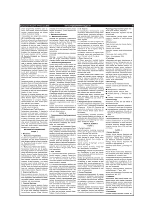 Dream Dare Win                                                                                                                                                www.jeywin.com




Employment News 11 - 17 February 2012                                        www.employmentnews.gov.in                                                                                           45
 Linear programming problems, basic so-           analysis of mechanical systems (single             3. I .C. Engines:                                Physiology of reproductive system: Men-
 lution, basic feasible solution and optimal      degree of freedom), Critical speeds and            3.1 Classification, thermodynamic cycles         strual cycle, lactation, pregnancy.
 solution; Graphical method and simplex           whirling of shafts.                                of operation; determination of break power,      Blood: Development, regulation and fate
 method of solutions; Duality.                    4. Manufacturing Science:                          indicated power, mechanical efficiency,          of blood cells.
 Transportation and assignment problems.          4.1 Manufacturing Process:                         heat balance sheet, interpretation of per-       Cardio-vascular, cardiac output, blood
 (5) Partial differential equations:              Machine tool engineering – Merchant’s              formance characteristics, petrol, gas and        pressure, regulation of cardiovascular
 Family of surfaces in three dimensions and       force analysis; Taylor’s tool life equation;       diesel engines.                                  functions;
 formulation of partial differential equations;   conventional machining; NC and CNC                 3.2 Combustion in SI and CI engines, nor-        3. Biochemistry:
 Solution of quasilinear partial differential     machining process; jigs and fixtures.              mal and abnormal combustion; effect of           Organ function tests-liver, kidney, thyroid
 equations of the first order, Cauchy’s           Non-conventional machining – EDM, ECM,             working parameters on knocking, reduc-
                                                                                                                                                      Protein synthesis.
 method of characteristics; Linear partial        ultrasonic, water jet machining etc; appli-        tion of knocking; Forms of combustion
 differential equations of the second order                                                          chamber for SI and CI engines; rating of         Vitamins and minerals.
                                                  cation of lasers and plasmas; energy rate
 with constant coefficients, canonical form;                                                         fuels; additives; emission.                      Restriction fragment length polymorphism
                                                  calculations.
 Equation of a vibrating string, heat equa-                                                          3.3 Different systems of IC engines- fuels;      (RFLP).
                                                  Forming and welding processes- standard
 tion, Laplace equation and their solutions.                                                         lubricating; cooling and transmission sys-       Polymerase chain reaction (PCR).
                                                  processes.
 (6) Numerical Analysis and Computer                                                                 tems. Alternate fuels in IC engines.             Radio - immunoassays (RIA).
                                                  Metrology - concept of fits and tolerances;
 programming:                                                                                        4. Steam Engineering:                            4. Pathology:
                                                  tools and gauges; comparators; inspection
 Numerical methods: Solution of algebraic         of length; position; profile and surface finish.   4.1 Steam generation- modified Rankine           Inflammation and repair, disturbances of
 and transcendental equations of one vari-                                                           cycle analysis; Modern steam boilers;            growth and cancer, Pathogenesis and his-
                                                  4.2. Manufacturing Management:
 able by bisection, Regula-Falsi and New-                                                            steam at critical and supercritical pressures;   topathology of rheumatic and ischemic
 ton-Raphson methods; solution of system          System design: factory location- simple OR
                                                                                                     draught equipment; natural and artificial        heart disease and diabetes mellitus. Dif-
 of linear equations by Gaussian elimina-         models; plant layout - methods based; ap-
                                                                                                     draught; boiler fuels solid, liquid and gas-     ferentiation between benign, malignant,
 tion and Gauss-Jordan (direct), Gauss-           plications of engineering economic analy-
                                                                                                     eous fuels. Steam turbines - principle;          primary and metastatic malignancies,
 Seidel(iterative) methods. Newton’s (for-        sis and break- even analysis for product
                                                                                                     types; compounding; impulse and reaction         Pathogenesis and histopathology of bron-
 ward and backward) interpolation,                selection, process selection and capacity
                                                                                                     turbines; axial thrust.                          chogenic carcinoma, carcinoma breast,
 Lagrange’s interpolation.                        planning; predetermined time standards.
                                                                                                     4.2 Steam nozzles- flow of steam in con-         oral cancer, cancer cervix, leukemia, Etiol-
 Numerical integration: Trapezoidal rule,         System planning; forecasting methods                                                                ogy, pathogenesis and histopathology of -
                                                                                                     vergent and divergent nozzle; pressure at
 Simpson’s rules, Gaussian quadrature for-        based on regression and decomposition,                                                              cirrhosis liver, glomerulonephritis, tuber-
                                                                                                     throat for maximum discharge with differ-
 mula.                                            design and balancing of multi model and                                                             culosis, acute osteomyelitis.
                                                                                                     ent initial steam conditions such as wet,
 Numerical solution of ordinary differential      stochastic assembly lines; inventory man-
                                                                                                     saturated and superheated, effect of varia-      5. Microbiology:
 equations: Euler and Runga Kutta-methods.        agement – probabilistic inventory models
                                                                                                     tion of back pressure; supersaturated flow       Humoral and cell mediated immunity
                                                  for order time and order quantity determi-
 Computer Programming: Binary system;                                                                of steam in nozzles, Wilson line.
                                                  nation; JIT systems; strategic sourcing;                                                            Diseases caused by and laboratory diag-
 Arithmetic and logical operations on num-                                                           4.3 Rankine cycle with internal and exter-       nosis of-
                                                  managing inter plant logistics.
 bers; Octal and Hexadecimal systems;                                                                nal irreversibility; reheat factor; reheating
                                                  System operations and control: Schedul-                                                             N Meningococcus, Salmonella
 Conversion to and from decimal systems;                                                             and regeneration, methods of governing;
 Algebra of binary numbers.                       ing algorithms for job shops; applications                                                          N Shigella, Herpes, Dengue, Polio
                                                                                                     back pressure and pass out turbines.
                                                  of statistical methods for product and pro-                                                         N HIV/AIDS, Malaria, E. Histolytica, Giar-
 Elements of computer systems and con-                                                               4.4 Steam power plants - combined cycle
                                                  cess quality control - applications of con-                                                             dia
 cept of memory; Basic logic gates and truth                                                         power generation; heat recovery steam
                                                  trol charts for mean, range, percent defec-
 tables, Boolean algebra, normal forms.                                                              generators (HRSG) fired and unfired, co-         N Candida, Cryptococcus, Aspergillus
                                                  tive, number of defectives and defects per
   Representation of unsigned integers,           unit; quality cost systems; management of          generation plants.                               6. Pharmacology:
 signed integers and reals, double preci-         resources, organizations and risks in              5. Refrigeration and air-conditioning:           Mechanism of action and side effects of
 sion reals and long integers.                    projects.                                          5.1 Vapour compression refrigeration cycle       the following drugs
 Algorithms and flow charts for solving nu-       System improvement: Implementation of              - cycle on p-H & T-s diagrams; eco-friendly      N Antipyretics and analgesics, Antibiotics,
 merical analysis problems.                       systems, such as total quality management,         refrigerants - R134a,123; Systems like               Antimalaria; Antikala-azar,Antidiabetics
 (7) Mechanics and Fluid Dynamics:                developing and managing flexible, lean             evaporators, condensers, compressor, ex-         N Antihypertensive, Antidiuretics, General
 Generalized coordinates; D’ Alembert’s           and agile organizations.                           pansion devices. Simple vapour absorp-               and cardiac vasodilators, Antiviral, An-
 principle and Lagrange’s equations;                                PAPER - II                       tion systems.                                        tiparasitic, Antifungal, Immunosuppres-
 Hamilton equations; Moment of inertia;           1. Thermodynamics, Gas Dynamics and                5.2 Psychrometry - properties; processes;            sants
 Motion of rigid bodies in two dimensions.        Turbine:                                           charts; sensible heating and cooling; hu-        N Anticancer
 Equation of continuity; Euler’s equation of                                                         midification and dehumidification effective      7. Forensic Medicine and Toxicology:
                                                  1.1 Basic concept of First –law and second
 motion for inviscid flow; Stream-lines, path                                                        temperature; air-conditioning load calcu-
                                                  law of Thermodynamics; concept of entropy                                                           Forensic examination of injuries and
 of a particle; Potential flow; Two-dimen-                                                           lation; simple duct design.
                                                  and reversibility; availability and unavail-                                                        wounds; Examination of blood and semi-
 sional and axisymmetric motion; Sources          ability and irreversibility.                                 MEDICAL SCIENCE                        nal stains; poisoning, sedative overdose,
 and sinks, vortex motion; Navier-Stokes                                                                               PAPER - I                      hanging, drowning, burns, DNA and finger
                                                  1.2 Classification and properties of fluids;
 equation for a viscous fluid.                                                                       1. Human Anatomy:                                print study.
                                                  incompressible and compressible fluids
     MECHANICAL ENGINEERING                       flows; effect of Mach number and compress-         Applied anatomy including blood and                            PAPER - II
                  PAPER - I                       ibility; continuity momentum and energy            nerve supply of upper and lower limbs and        1. General Medicine:
 1. Mechanics:                                    equations; normal and oblique shocks; one          joints of shoulder, hip and knee.
                                                                                                                                                      Etiology, clinical features, diagnosis and
 1.1 Mechanics of rigid bodies:                   dimensional isentropic flow; flow or fluids in     Gross anatomy, blood supply and lym-             principles of management (including pre-
                                                  duct with frictions that transfer.                 phatic drainage of tongue, thyroid, mam-
 Equations of equilibrium in space and its                                                                                                            vention) of: - Tetanus, Rabies, AIDS, Den-
 application; first and second moments of         1.3 Flow through fans, blowers and com-            mary gland, stomach, liver, prostate, go-        gue, Kala-azar, Japanese Encephalitis.
 area; simple problems on friction; kinemat-      pressors; axial and centrifugal flow con-          nads and uterus.
                                                  figuration; design of fans and compressors;                                                         Etiology, clinical features, diagnosis and
 ics of particles for plane motion; elemen-                                                          Applied anatomy of diaphragm, perineum           principles of management of:
 tary particle dynamics.                          single problems compresses and turbine             and inguinal region.
                                                  cascade; open and closed cycle gas tur-                                                             Ischaemic heart disease, pulmonary em-
 1.2 Mechanics of deformable bodies:                                                                 Clinical anatomy of kidney, urinary blad-
                                                  bines; work done in the gas turbine; reheat                                                         bolism.
 Generalized Hooke’s law and its applica-                                                            der, uterine tubes, vas deferens.
                                                  and regenerators.                                                                                   Bronchial asthma.
 tion; design problems on axial stress, shear                                                        Embryology: Placenta and placental bar-
                                                  2. Heat Transfer:                                                                                   Pleural effusion, tuberculosis, Malabsorp-
 stress and bearing stress; material proper-                                                         rier. Development of heart, gut, kidney,
 ties for dynamic loading; bending shear          2.1 Conduction heat transfer- general con-         uterus, ovary, testis and their common con-      tion syndromes, acid peptic diseases, Vi-
 and stresses in beams;. determination of         duction equation - Laplace, Poisson and            genital abnormalities.                           ral hepatitis and cirrhosis of liver.
 principle stresses and strains - analytical      Fourier equations; Fourier law of conduc-                                                           Glomerulonerphritis and pyelonephritis,
                                                                                                     Central and peripheral autonomic ner-
 and graphical; compound and combined             tion; one dimensional steady state heat                                                             renal failure, nephrotic syndrome, renovas-
                                                                                                     vous system : Gross and clinical anatomy
 stresses; bi-axial stresses - thin walled        conduction applied to simple wall, solid and                                                        cular hypertension, complications of dia-
                                                                                                     of ventricles of brain, circulation of cere-
 pressure vessel; material behaviour and          hollow cylinder & spheres.                                                                          betes mellitus, coagulation disorders, leu-
                                                                                                     brospinal fluid; Neural pathways and le-
 design factors for dynamic load; design of       2.2 Convection heat transfer- Newton’s law         sions of cutaneous sensations, hearing and       kemia, Hypo and hyper thyrodism, menin-
 circular shafts for bending and torsional        of convection; free and forces convection;         vision; Cranial nerves, distribution and         gitis and encephalitis.
 load only; deflection of beam for statically     heat transfer during laminar and turbulent         clinical significance; Components of auto-       Imaging in medical problems, ultrasound,
 determinate problems; theories of failure.       flow of an incompressible fluid over a flat        nomic nervous system.                            echocardiogram, CT scan, MRI.
 2. Engineering Materials:                        plate; concepts of Nusselt number, hydro-
                                                                                                     2. Human Physiology:                             Anxiety and Depressive Psychosis and
                                                  dynamic and thermal boundary layer their
 Basic concepts on structure of solids; com-                                                         Conduction and transmission of impulse,          schizophrenia and ECT.
                                                  thickness; Prandtl number; analogy be-
 mon ferrous and non-ferrous materials and                                                           mechanism of contraction, neuromuscular          2. Pediatrics:
                                                  tween heat and momentum transfer-
 their applications; heat-treatment of steels;                                                       transmission, reflexes, control of equilib-
                                                  Reynolds, Colbum, Prandtl analogies; heat                                                           Immunization, Baby friendly hospital, con-
 non-metals- plastics, ceramics, composite                                                           rium, posture and muscle tone, descend-
                                                  transfer during laminar and turbulent flow                                                          genital cyanotic heart disease, respiratory
 materials and nano-materials.                                                                       ing pathways, functions of cerebellum,
                                                  through horizontal tubes; free convection                                                           distress syndrome, broncho - pneumonias,
 3. Theory of Machines:                           from horizontal and vertical plates.               basal ganglia, Physiology of sleep and
                                                                                                                                                      kernicterus. IMNCI classification and man-
 Kinematic and dynamic analysis of plane                                                             consciousness.
                                                  2.3 Black body radiation - basic radiation                                                          agement, PEM grading and management.
 mechanisms. Cams, Gears and epicyclic            laws such as Stefan-Boltzman, Planck dis-          Endocrine system: Mechanism of action            ARI and Diarrhea of under five and their
 gear trains, flywheels, governors, balanc-       tribution, Wein’s displacement etc.                of hormones, formation, secretion, trans-        management.
 ing of rigid rotors, balancing of single and                                                        port, metabolism, function and regulation
                                                  2.4 Basic heat exchanger analysis; classi-                                                          3. Dermatology:
 multicylinder engines, linear vibration                                                             of secretion of pancreas and pituitary gland.
                                                  fication of heat exchangers.                                                                        Psoriasis, Allergic dermatitis, scabies, ec-




www.jeywin.com                                                                                                                                                  Dream Dare Win
 