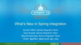 What’s New in Spring Integration
                                         Gunnar Hillert, Spring Integration Team
                                         Gary Russell, Spring Integration Team
                                       Oleg Zhurakousky, Spring Integration Team
                                        Twitter: @ghillert, @gprussell, @z_oleg

© 2012 SpringOne 2GX. All rights reserved. Do not distribute without permission.
 