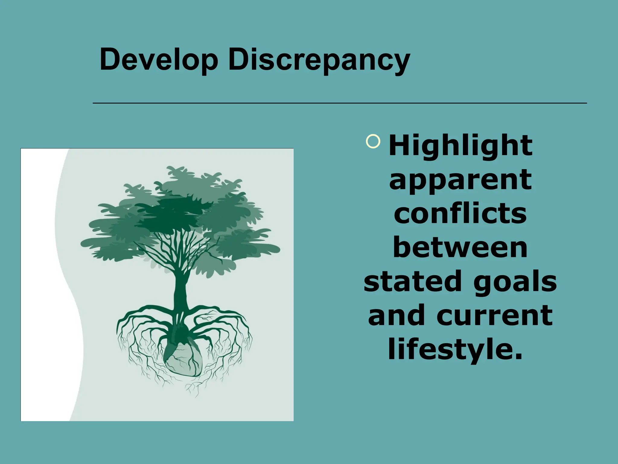 Develop Discrepancy
 Highlight
apparent
conflicts
between
stated goals
and current
lifestyle.
 