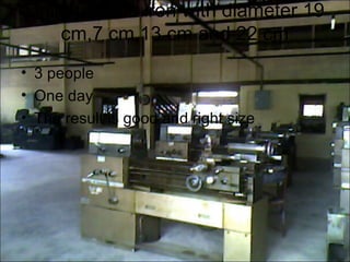 Drill the plate iron with diameter 19
     cm,7 cm,13 cm and 22 cm
• 3 people
• One day
• The result is good and right size
 