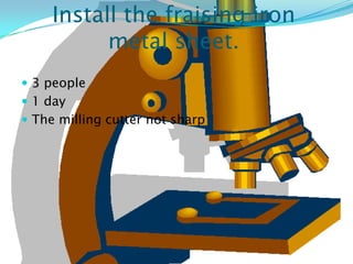 Install the fraising iron
           metal sheet.
 3 people
 1 day
 The milling cutter not sharp
 
