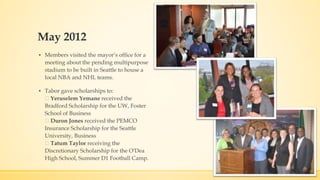 May 2012 
▪ Members visited the mayor’s office for a 
meeting about the pending multipurpose 
stadium to be built in Seattle to house a 
local NBA and NHL teams. 
▪ Tabor gave scholarships to: 
Yeruselem Yemane received the 
Bradford Scholarship for the UW, Foster 
School of Business 
Duron Jones received the PEMCO 
Insurance Scholarship for the Seattle 
University, Business 
Tatum Taylor receiving the 
Discretionary Scholarship for the O'Dea 
High School, Summer D1 Football Camp. 
 