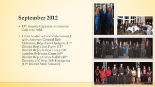 September 2012 
▪ 13th Annual Captains of Industry 
Gala was held. 
▪ Tabor hosted a Candidate Forum I 
with Attorney General Rob 
McKenna, Rep. Zack Hudgins (11th 
District Rep.), Jim Flynn (11th 
District Rep.), fellow Tabor 100 
member Sylvester Cann (46th 
District Rep.), Cyrus Habib (48th 
District), and Rep. Bob Hasagawa 
(11th District State Senator). 
 