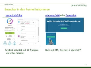 13
Besucher in den Funnel bekommen
Was ist B2B SEO
sevdesk.de/blog ryte.com/wiki oder /magazine
Sevdesk arbeitet mit 17 Trackern Ryte mit CTA, Overlays + klare UVP
darunter hubspot
 