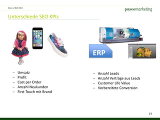 19
Unterschiede SEO KPIs
Was ist B2B SEO
ERP
 Umsatz
 Profit
 Cost per Order
 Anzahl Neukunden
 First Touch mit Brand
 Anzahl Leads
 Anzahl Verträge aus Leads
 Customer Life Value
 Vorbereitete Conversion
 