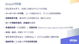 Stripeの特徴
・ワンストップで、決済に必要なやりとりが完結
・ペーパーワーク不要。コード実装のみで、すぐに決済利用開始
・初期費用不要、基本的には手数料のみ（最大3.6％）
・カード情報非保持、非通過を実現
・多通貨決済（135通貨）、代替決済（WeChat Pay, Alipay, Apple Pay Google Pay)に対応
・B2B、B2C、C2Cにすべて対応
・サブスクリプション（定期支払い）モデルも柔軟に運用可能
・機械学習によるカード不正利用対策
 